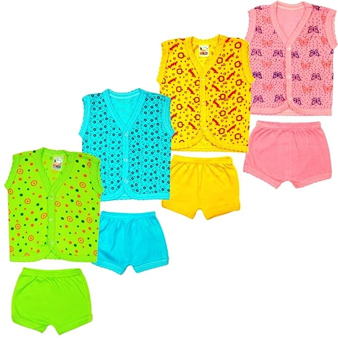 New Born Baby Boy & Girls Stylish Trendy Top/T-Shirt and Shorts Dress set with front button open. Pack of 4 pc set (0-6 Months)(Multicolor, Multi-design)