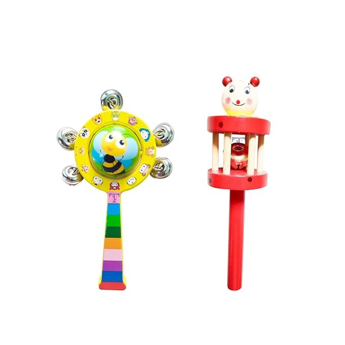 Nimalan's Toys Colourful Wooden Baby Rattle Toy - Hand Crafted Rattle Set for Kids - Musical Toy for Newly Born - Pack of 2 (Gobal S, face)