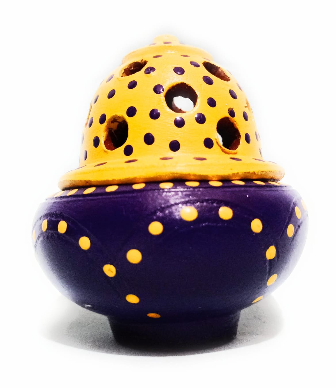 Premium Beautifully Colored Clay Incense Holder/Sambarni Dhoop Stand/Yellow and Violet