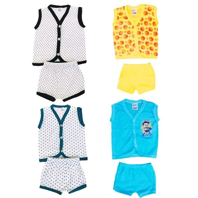 New Born Baby Boys & Girls Stylish Color Jablas/Top and Shorts Dress set & Stylish Jablas/T-Shirt and Shorts Dress set White Dot with Front Button Open. Pack of (2+2) 4pc Dress set (0-6 Months)