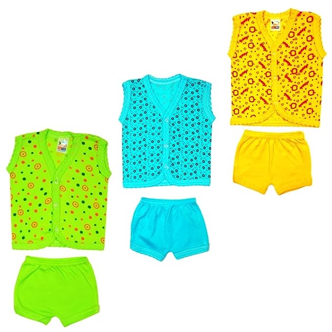New Born Baby Boy & Girls Stylish Trendy Top/T-Shirt and Shorts Dress set with front button open. Pack of 3 pc set (0-6 Months)(Multicolor, Multi-design)