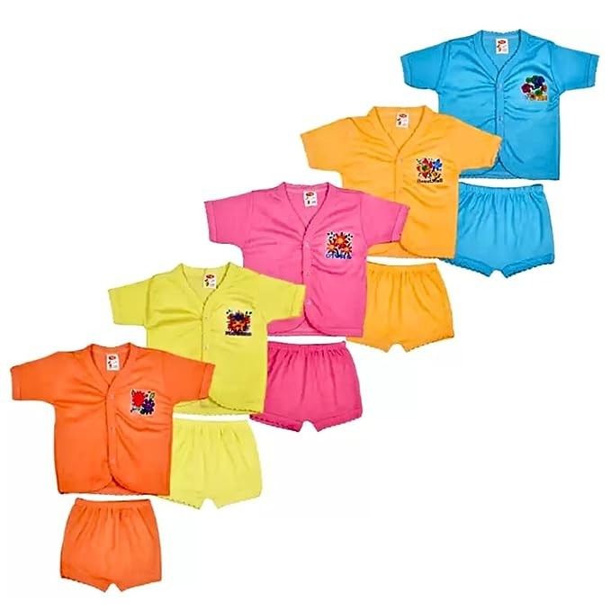 Fassify® New Born Baby Boy & Girls Stylish Trendy Jablas/Top/T-Shirt and Shorts Slv Dress set with Front Button Open. Pack of 5pc combo set (6-12 Months)(Multicolor)