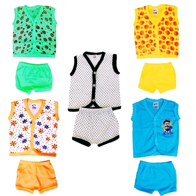 New Born Baby Boys & Girls Stylish Color Jablas/Top and Shorts Dress set & Stylish Jablas /T-Shirt and Shorts Dress set White Dot with Front Button Open Pack of (4+1) 5pc Dress set (0-6 Months)