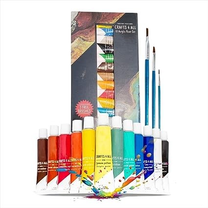 REDSL Acrylic Paint Set for Kids and Adults Craft Paint Colors for Wood| Canvas| Fabric| Leather| Cardboard| Paper| MDF and Ceramics with 3 Sized Brushes Drawing kit for Kids DIY – (12 Pack of 12ml)