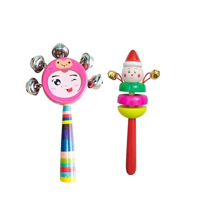 Nimalan's Toys Colourful Wooden Baby Rattle Toy - Hand Crafted Rattle Set for Kids - Musical Toy for Newly Born (Pack of 2) face, 2 Bell