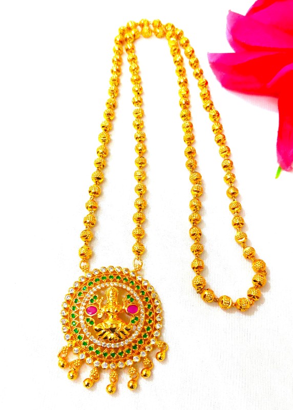 One Gram Micro Gold Plated Ball Chain with Zircon Stone Lakshmi Dollar / Long Dollar Chain for Womens and Girls