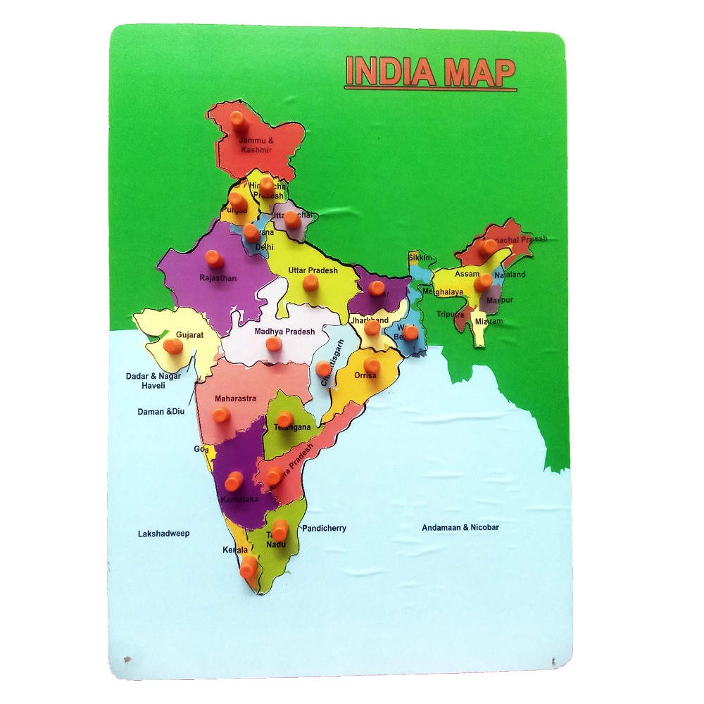 Wooden India Map Pin Board Educational Toys for Kids, Indian Political Map with all States Learning Toys, State Political Learning Games - Multicolour