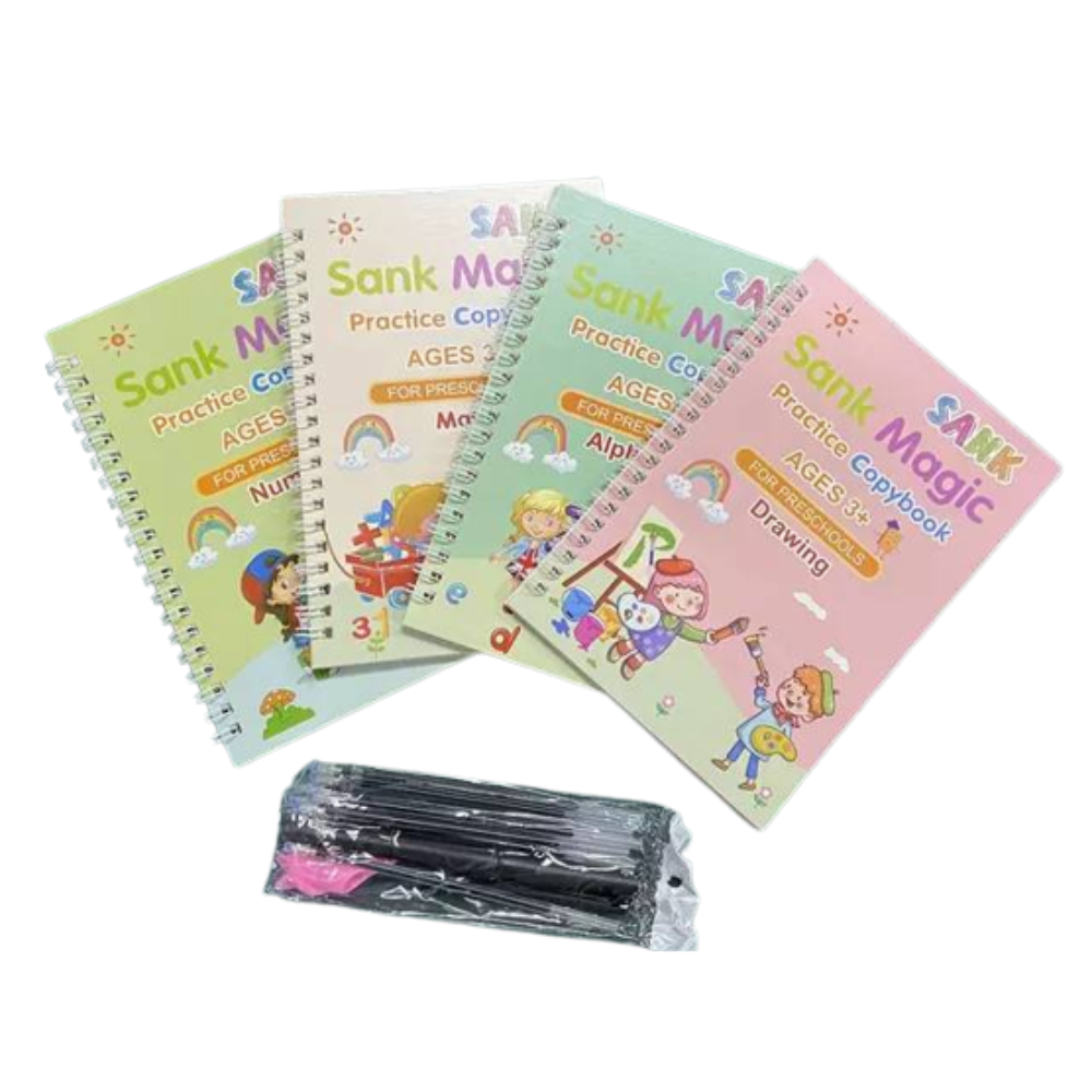 Practice Copy Book for Pre-School Children, Re-Usable Drawing, Letters in order, Numbers  Math and Drawings , English Practice Book for Kids (4 x Books,10 x Refill,1 x Pen,1 x Grip),Age3+
