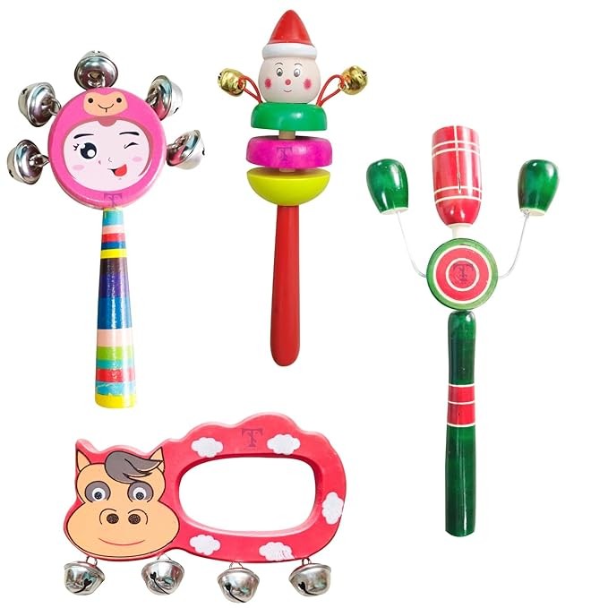 Nimalan's Toys Colourful Wooden Baby Rattle Toy - Hand Crafted Rattle Set for Kids - Musical Toy for Newly Born (Pack of 4) face, 2 Bell, Hand, TIK Small