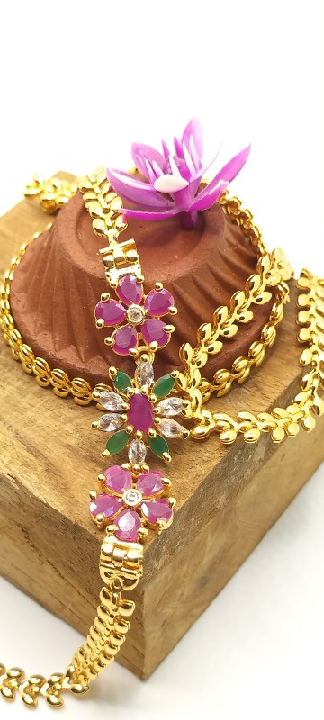 Gold Plated Flowers Design American Diamond Multi Colour AD Stones For Womens And Girls