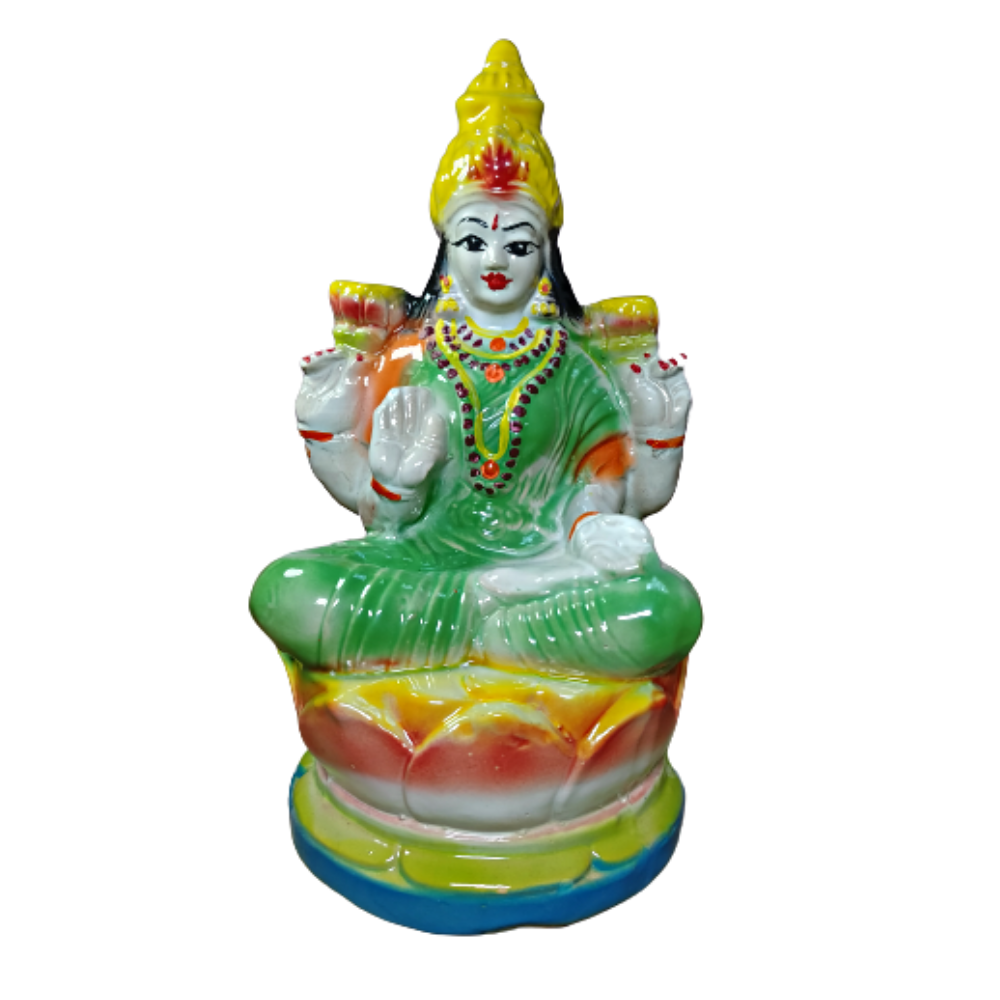 Balaji TRADINGS-Laxmi Devi on Lotus | Goddess Laxmi Idol Perfrect for Home Decor, Office Decor and Pooja Room | Handmade Ceramic Laxmi Statue for Showpiece Gift ( Green) (23.5 cm)
