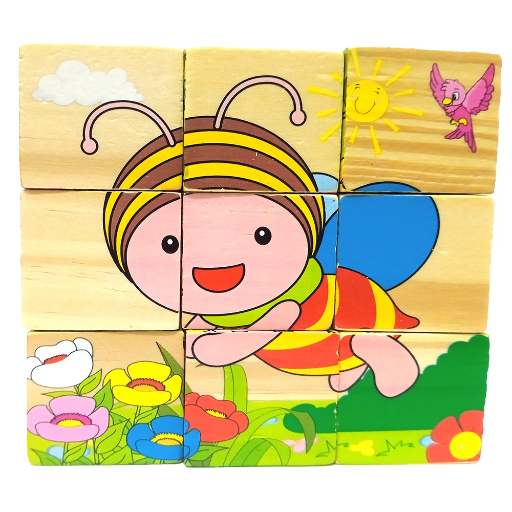 Wooden 6 Side Puzzle 3*3, 6 Different Puzzle in 1 Pack, Montessori Toys Jigsaw Puzzle for Kids - Multicolor