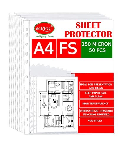 AARPEE 50Pcs Transparent Document Sleeves 150 Micron Thickness Leaf Waterproof Clear Sheet Protector 11 Holes Punched Ring Files (A4-50 PCS)