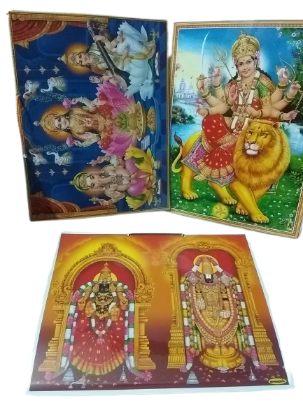 3 Photo Laminations Gracious Sri Venkateshwara Devi Padmavathi Lord Tirupati Tirumala Balaji Venkateswara, Laxmi Devi Ganesh Ji and Sarasvati Devi,  Durga  Devi with lion (Length : 9 inch /height : 12